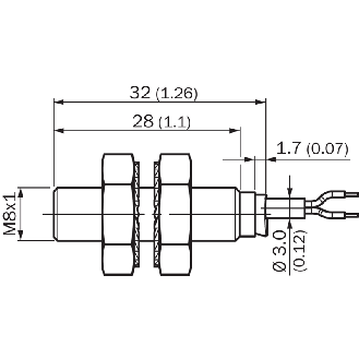 DPI M08 2 fils DC NO P2mm noyé 32(28)mm Inox V2A +100 °C / C5m PUR-Lire la description