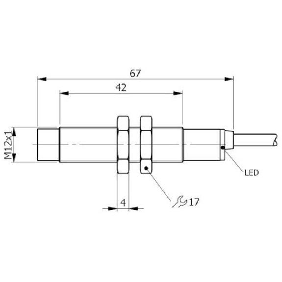 DPI M12 PNP NO+NF P4mm non noyé lg67.5(42)mm Laiton / Câble 2m PVC-Lire la description