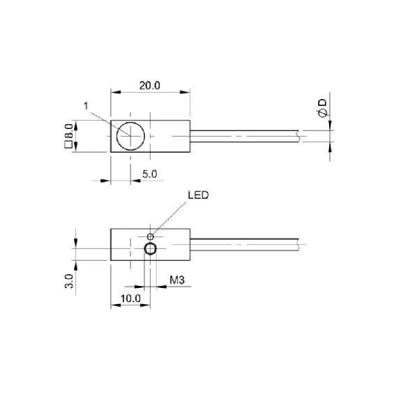 DPI Rect. PNP NF P2mm noyé 8x8x20mm Laiton 10-30Vdc / Câble 2m PUR-Lire la description