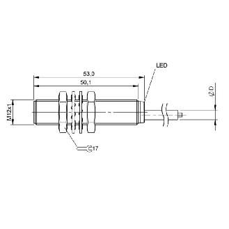 DPI M12 PNP NO P2mm noyé lg53mm Laiton 10-30Vdc IP68 / Câble 3m PVC-Lire la description