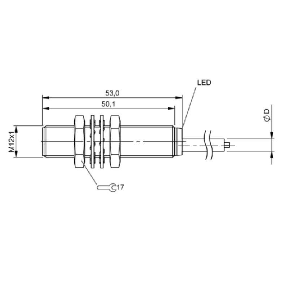 DPI M12 PNP NO P2mm noyé lg53mm Laiton 10-30Vdc IP68 / Câble 3m PVC-Lire la description