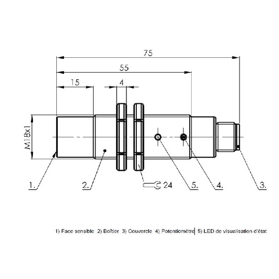 DPC M18 PNP NO P15mm non noyé lg75(40)mm Inox / M12 4P-Lire la description