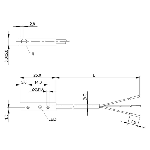 DPI Rect. PNP NF P0,8mm noyé 5x5x25 Alu 10-30Vdc / Câble 5m PUR-Lire la description