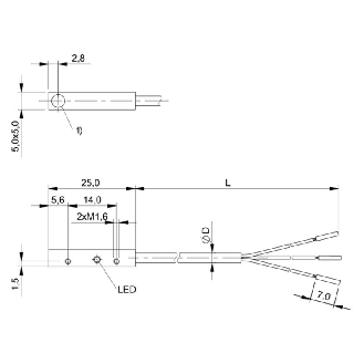 DPI Rect. PNP NF P0,8mm noyé 5x5x25 Alu 10-30Vdc / Câble 5m PUR-Lire la description