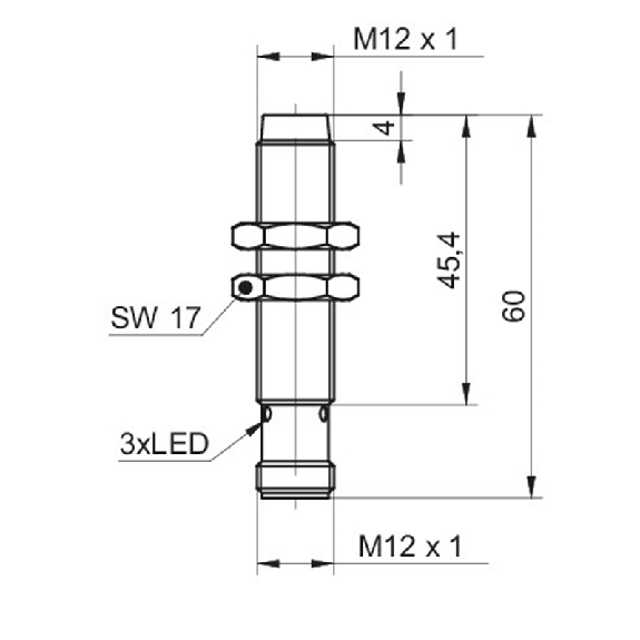 DPI M12 NPN NO P4mm non noyé lg60(45,4)mm 10-30Vdc -40…+80°C / M12 4P-Lire la description