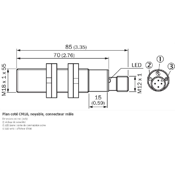 DPC M18 NPN NO+NF P3-8mm noyé Pot. Plast. 10-36Vdc / M12 4P-Lire la description