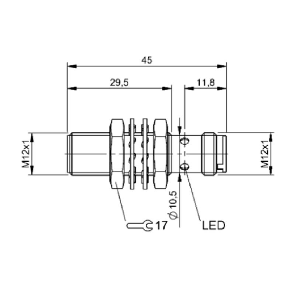 DPI M12 PNP NF P4mm noyé lg45(29,5)mm Laiton 10-30Vdc / M12 4P-Lire la description