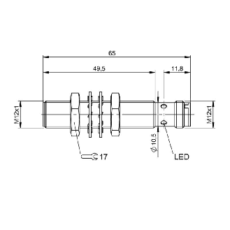 DPI M12 PNP NO P4mm noyé lg65(50)mm Laiton 10-30Vdc IP68 / M12 4P-Lire la description