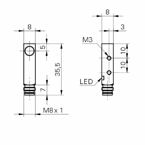 DPI Rect. PNP NO P2mm noyé 8x8x35.5mm 10-30Vdc / M08 3P-Lire la description