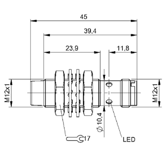 DPI M12 PNP NF P8mm non noyé lg50mm Laiton / M12 4P-Lire la description