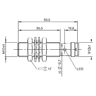 DPI M12 2 fils DC NO P3mm noyé lg50(35,5)mm Laiton 10-36Vdc / M12 4P-Lire la description