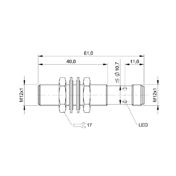 DPI M12 PNP NO P2mm noyé lg61(40)mm Laiton 10-30Vdc / M12 4P-Lire la description