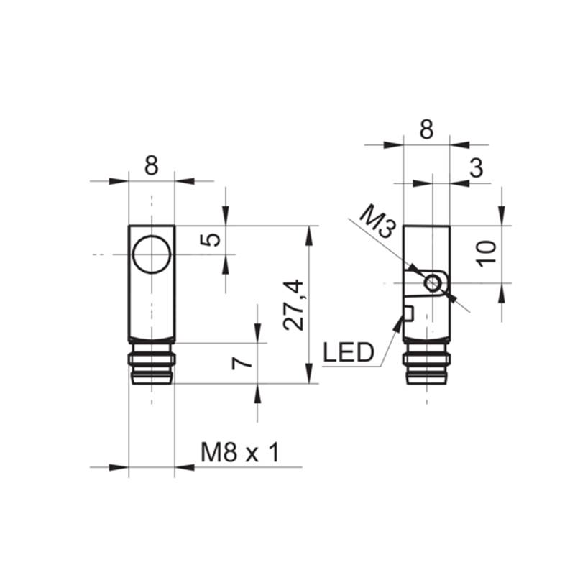 DPI Rect. PNP NO P1,5mm noyé 8x8x59mm 10-30Vdc / M08 3P-Lire la description