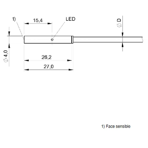 DPI D04 PNP NF P1,5mm noyé lg27mm Inox 10-30Vdc / Câble 5m PUR-Lire la description