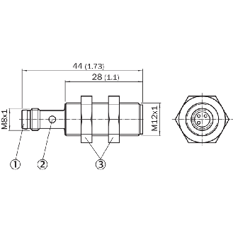 DPI M12 PNP NO P4mm noyé lg44(28)mm Laiton 10-30Vdc / M08 3P-Lire la description