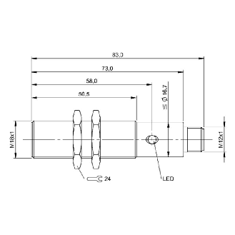 DPI M18 PNP NO P8mm noyé lg83(50,5)mm Laiton 10-30Vdc / M12 4P-Lire la description