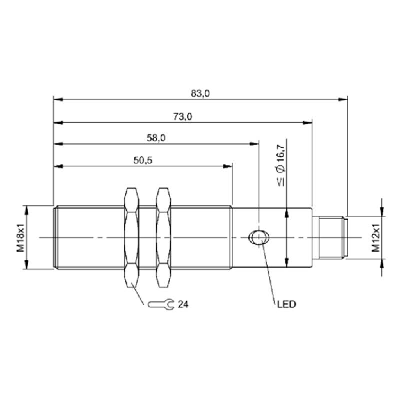DPI M18 PNP NO P8mm noyé lg83(50,5)mm Laiton 10-30Vdc / M12 4P-Lire la description
