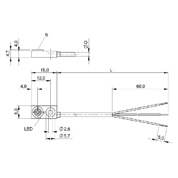 DPI Rect. NPN NO P1,5mm noyé 8x16x4.7mm Plast. / Câble 2m PVC-Lire la description