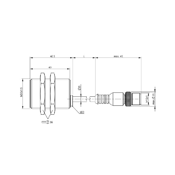 DPI M30 2 fils DC NO P15mm noyé lg42.5mm Laiton / M12 4P+C0.3m PUR-Lire la description