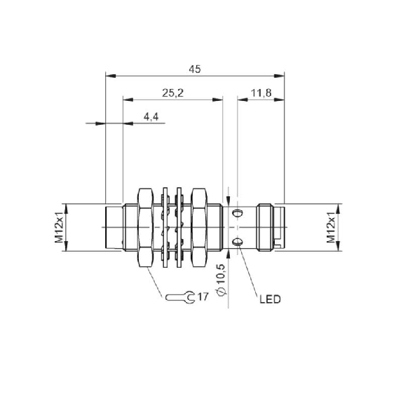 DPI M12 PNP NO P10mm non noyé 45(25,2)mm Laiton 10-30Vdc / M12 4P-Lire la description