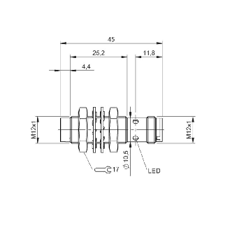 DPI M12 PNP NO P10mm non noyé 45(25,2)mm Laiton 10-30Vdc / M12 4P-Lire la description