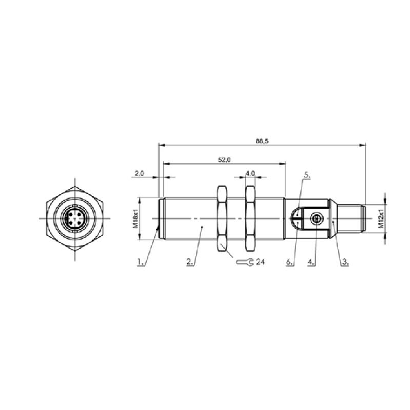 DPC M18 PNP NO P8mm noyé Pot. 88.5(52)mm PBT 10-30Vdc / M12 4P-Lire la description