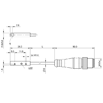 DPI Rect. PNP NO P0,8mm noyé 5x5x25 Alu 10-30Vdc / M12 4P+C0.3m-Lire la description