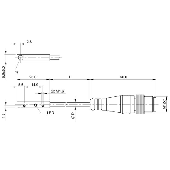 DPI Rect. PNP NO P0,8mm noyé 5x5x25 Alu 10-30Vdc / M12 4P+C0.3m-Lire la description