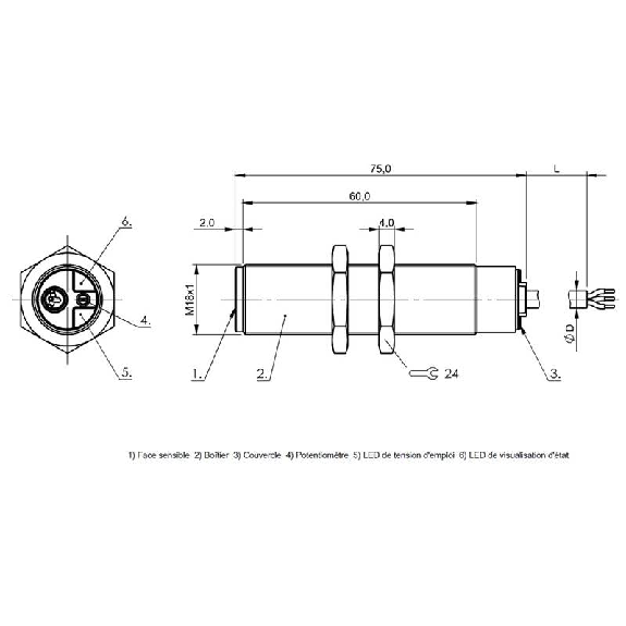 DPC M18 NPN NF P8mm noyé Pot. lg75(60)mm PBT 10-30Vdc / Câble 2m PUR-Lire la description