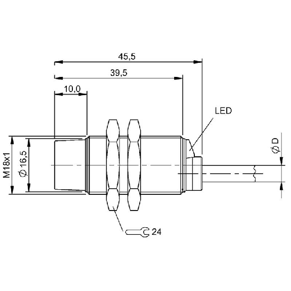 DPI M18 NPN NO P8mm non noyé lg45,5(29,5)mm Laiton / Câble 5m-Lire la description