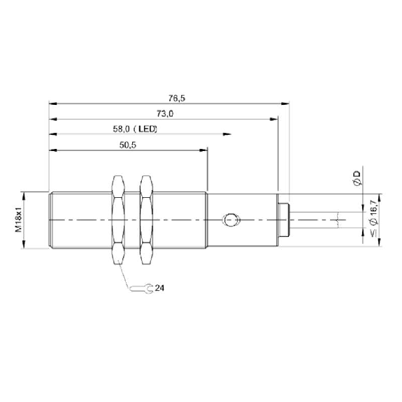 DPI M18 PNP NO P5mm noyé lg76,5mm Laiton 10-30Vdc / Câble 3m PVC-Lire la description