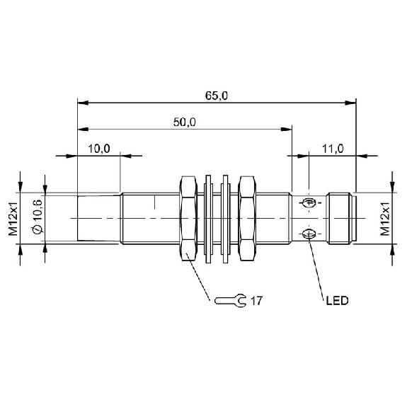 DPI M12 PNP NO P8mm non noyé lg65(40)mm Laiton 10-30Vdc / M12 4P-Lire la description