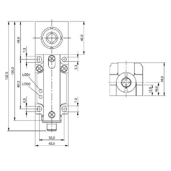 DPI Rect. PNP NO+NF P30mm non noyé 40x40x132.5mm / M12 4P-Lire la description