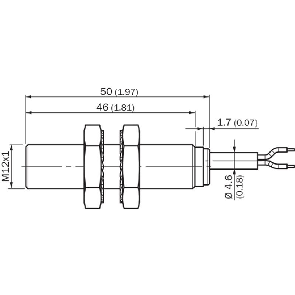 DPI M12 2 fils DC NO P4mm noyé 50(46)mm Inox V2A +100°C Câble 2m PUR-Lire la description