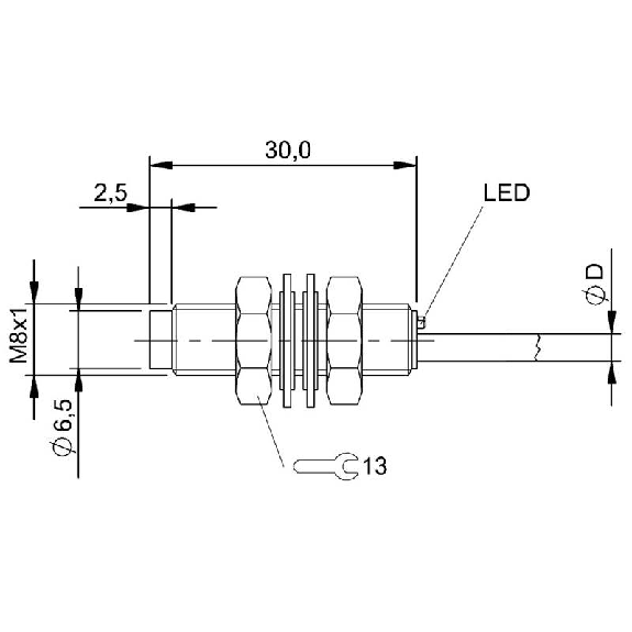 DPI M08 PNP NO P2,5mm non noyé lg30(27,5)mm Inox / Câble 3m PUR-Lire la description