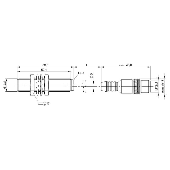 DPI M12 PNP NO P2mm noyé lg53(50)mm 10-30Vdc / M12 4P+C0.8m TPU-Lire la description