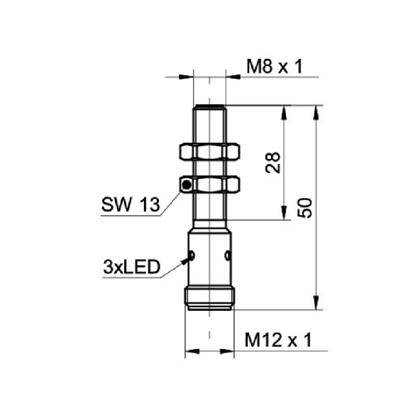 DPI M08 NPN NF P2mm noyé lg50(28)mm 10-30Vdc / M12 4P-Lire la description