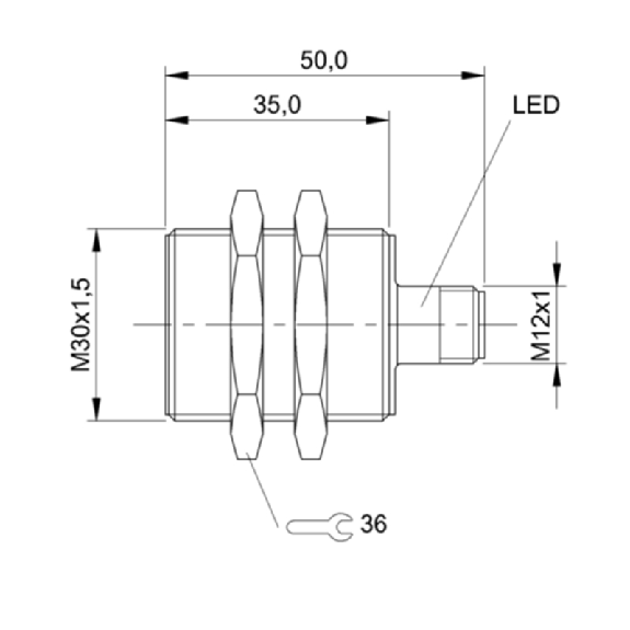 DPI M30 2 fils DC NO P15mm noyé lg50(35)mm Laiton / M12 4P-Lire la description