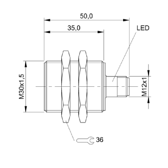 DPI M30 2 fils DC NO P15mm noyé lg50(35)mm Laiton / M12 4P-Lire la description