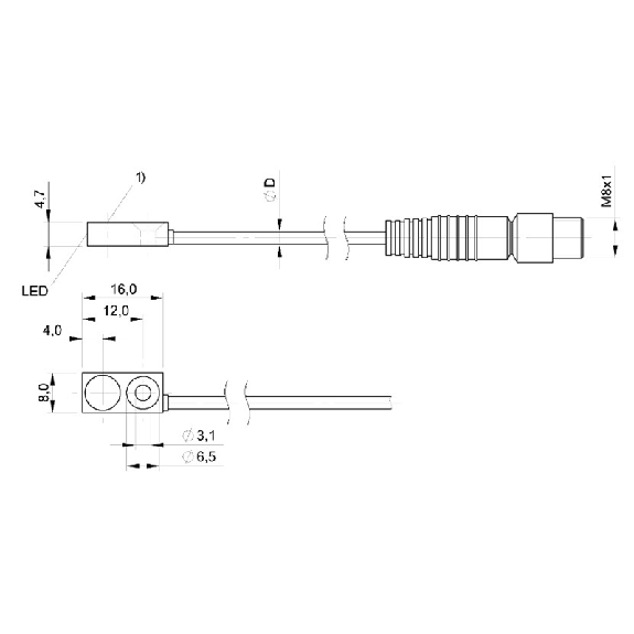 DPI Rect. PNP NO P2mm noyé 8x4.7x16mm Laiton / M08 3P+C0.2m PUR-Lire la description