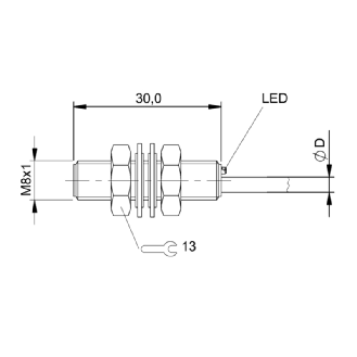 DPI M08 NPN NO P1,5mm noyé lg30mm Inox 10-30Vdc / Câble 2m PUR-Lire la description