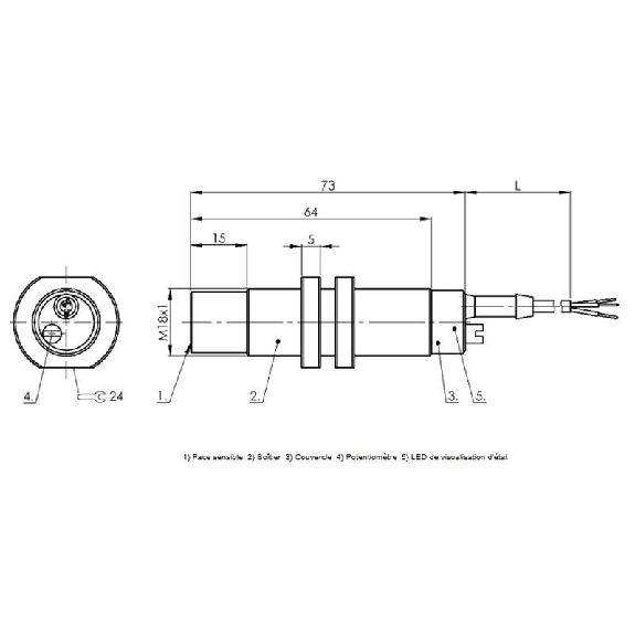 DPC M18 NPN NF P15mm non noyé lg73(49)mm PTFE / Câble 2m PTFE-Lire la description