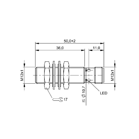 DPI M12 PNP NO P3mm noyé Fact1 50(36)mm Laiton 10-30Vdc / M12 4P-Lire la description