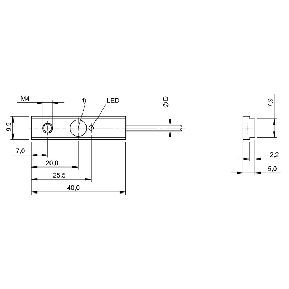 DPI Rect. PNP NF P2mm noyé 9.9x5x40mm Laiton 10-30Vdc / Câble 5m PUR-Lire la description