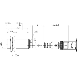 DPI M18 2 fils DC NO P7mm noyé lg46mm 10-36Vdc / M12 4P+C0.3m-Lire la description