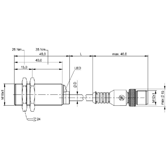 DPI M18 2 fils DC NO P7mm noyé lg46mm 10-36Vdc / M12 4P+C0.3m-Lire la description