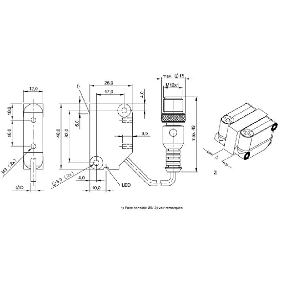 DPI Rect. PNP NO P4mm noyé 26x40x12 10-30Vdc / M12 4P+C0.3m-Lire la description