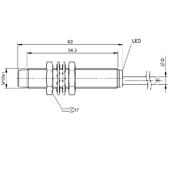 DPI M12 PNP NO P4mm non noyé lg63(54,5)mm Inox / Câble 5m PVC-Lire la description