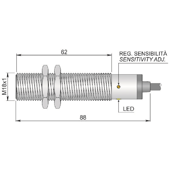 DPC M18 NPN NO+NF P5mm noyé lg88(62)mm Laiton 10-40Vdc / Câble 2m PVC-Lire la description