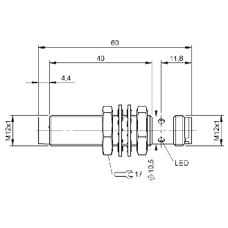 DPI M12 NPN NO P10mm non noyé 60(40)mm Laiton 10-30Vdc / M12 3P-Lire la description